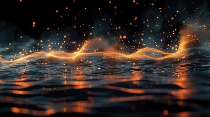 A dynamic wave of water with vibrant lights glowing in the background. - obrazy, fototapety, plakaty