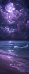 Mystical Moonlit Ocean Scene with Cloudy Night Sky