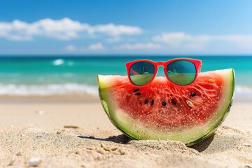 A slice of watermelon with red sunglasses on a sandy beach with clear blue sea in the background.