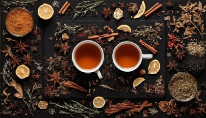 Cup of aromatic tea with spices, herbs, dried fruit orange slices. Top view. Generated AI