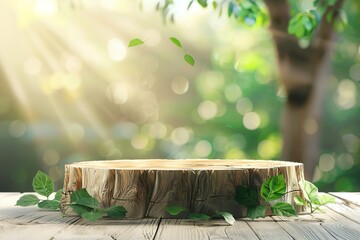 Sunlight filters through leaves onto a wooden platform surrounded by green foliage.
