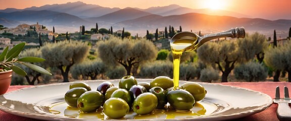 Olive oil and delicious olives on background of picturesque olive grove and mountain village. - obrazy, fototapety, plakaty