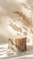 A serene composition with a wooden stump and plant shadows creating an eco-friendly atmosphere.