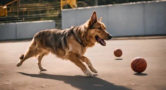 Dog playing basketball.