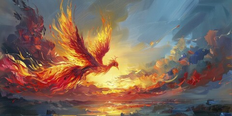 A fiery phoenix soaring across a twilight sky, symbolizing rebirth and the cyclic nature of life, painted with oil paints. - obrazy, fototapety, plakaty