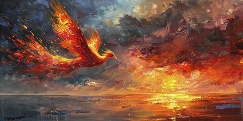 An oil-painted fiery phoenix, emblematic of rebirth, soars through the twilight sky, portraying life's cyclical essence.
