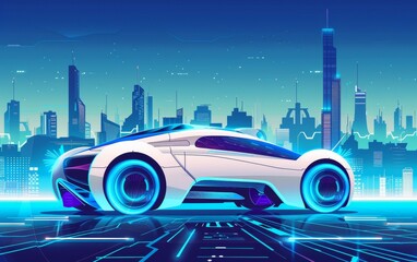 A sleek futuristic car gleams under neon lights in a vibrant cyberpunk cityscape, reflecting high-tech vibes and advanced urban design. Car