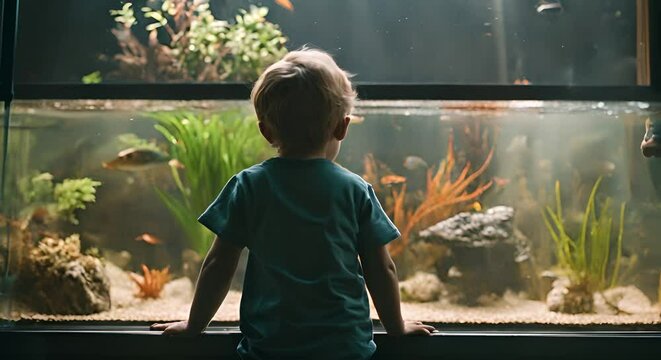 Child looking at fish in an aquarium.