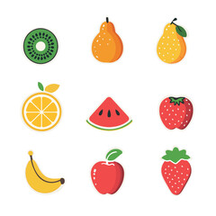 Cute bright colors fruit vector collections. Set of fruits: kiwi, apple, watermelon, orange, banana, pear, strawberry