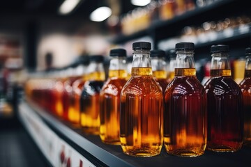 Several bottles of fresh apple juice on a shelf in a store. Commerce and health