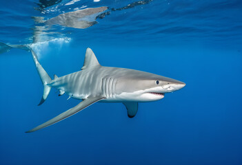 Fototapeta premium Great white shark in deep blue water.