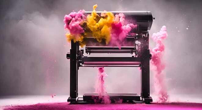 Printer with an explosion of colored powder.