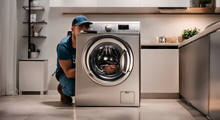 Technician repairing a washing machine at home.