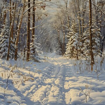 Tranquil winter scene depicted with oil paints, beckoning viewers to wander a serene path through a snow-dusted forest's hush.