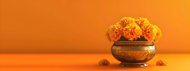 Traditional Indian marigold arrangement in a brass pot. Indian religious holidays. Hindu New Year, Gudi Padwa, Ugadi. Design for banner, poster, card with copy space