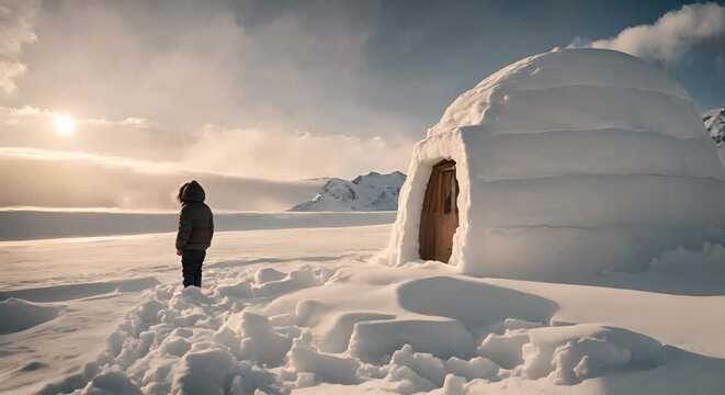 Eskimo next to an Igloo in the snow.