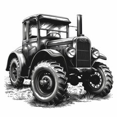 a black and white drawing of a tractor