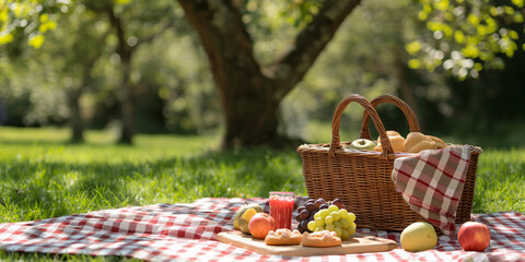 Picnic Basket With Food on Red Checkered Blanket in Lush Green Park