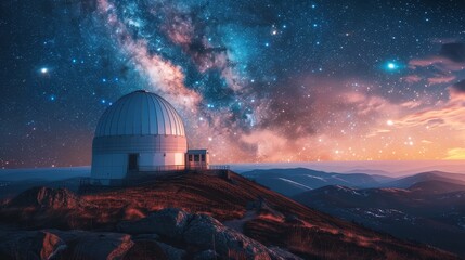 Fototapeta na wymiar A large telescope is on a hill with a beautiful night sky. The sky is filled with stars and the moon is visible. The scene is peaceful and serene, with the telescope as the focal point