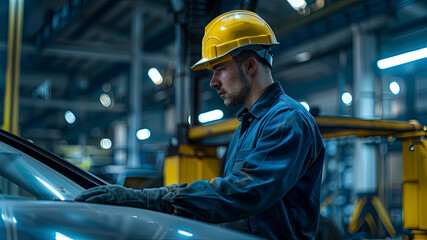 auto car engineer doing work, car engineer at the workstation with yellow helmet, hard worker at work