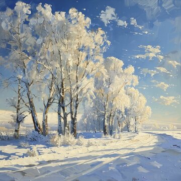 Icy branches enveloped in frost contrast beautifully against the serene winter sky in this oil painting.