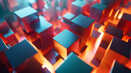 Red glowing cubes stacked artistically. - obrazy, fototapety, plakaty
