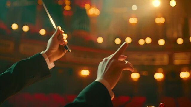 Music conductors hands with one holding a baton as he conducts an orchestra