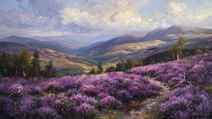 Obraz premium Highland landscape with rolling hills covered in heather, painted with oil paints.