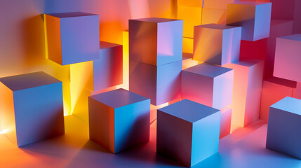  Red and pink glowing abstract cubes in a dynamic array. - obrazy, fototapety, plakaty