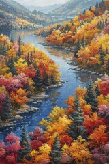 An aerial perspective captures a winding river meandering through vibrant autumn woodlands, showcasing nature's hues in rich oil strokes.