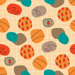 Funny seamless pattern with abstract shapes and strawberry.Colorful hand drawn figures with black lines.Rough grid background.Modern summer vector design for printing on fabric and paper,wallpaper.