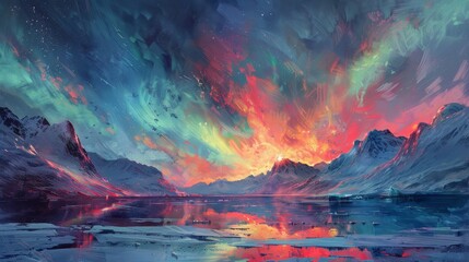A painting of a beautiful landscape with a bright orange sun in the sky. The sky is filled with stars and the mountains are covered in snow. The painting has a dreamy and peaceful mood - obrazy, fototapety, plakaty