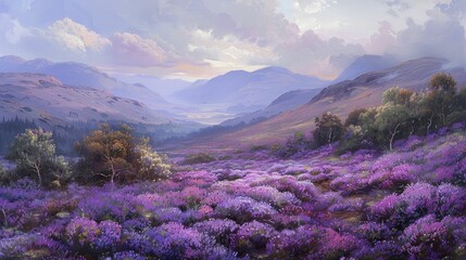 The vibrant hues of heather dance across the rolling Highland hills in this oil-painted masterpiece.