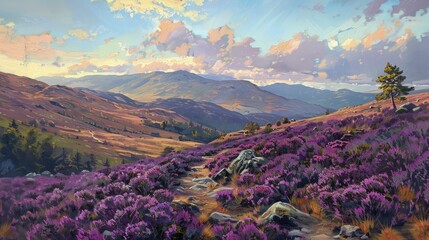 The vibrant hues of heather dance across the rolling highland hills, captured beautifully in oil paints.