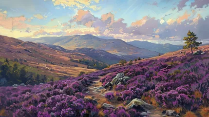 Foto op Canvas The vibrant hues of heather dance across the rolling highland hills, captured beautifully in oil paints. © Kanisorn