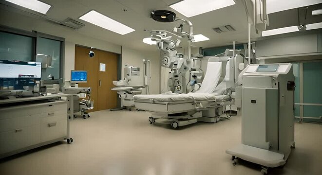 Interior of a hospital room with medical equipment.