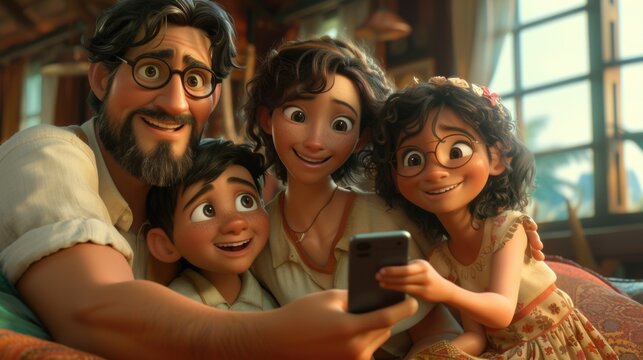 A family gathers together to take a picture using a cell phone.