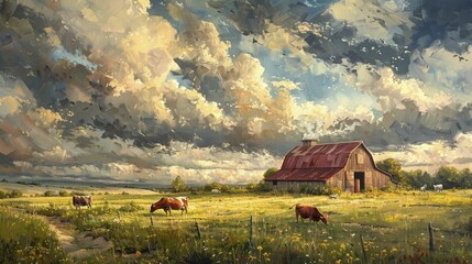 Idyllic rural landscape with barn and cattle under cloudy sky, painted with oil paints. - obrazy, fototapety, plakaty