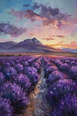 Capturing the serene beauty of lavender fields at sunrise alongside distant mountains, the oil painting came to life with vibrant hues.