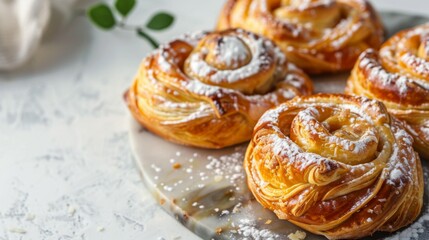 Delicious Danish pastry with sweet icing and sugary dusting on gourmet dessert plate