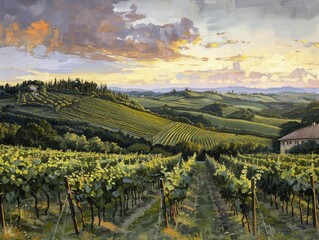 Lush vineyards sprawling across rolling hills under a soft sunset, creating a tranquil agricultural landscape, painted with oil paints.