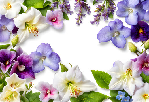 Close-up view of lavender jasmine lily hollyhocks pansy and periwinkle flowers border frame