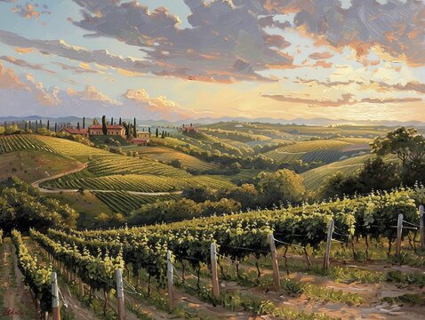 The serene vista of vineyards cascading over gentle hills at dusk evokes a bucolic charm worthy of an oil painting.