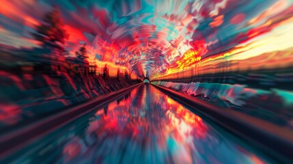 A colorful, blurry image of a tunnel with a reflection of a tree in the water. The colors are vibrant and the image has a dreamy, surreal quality to it