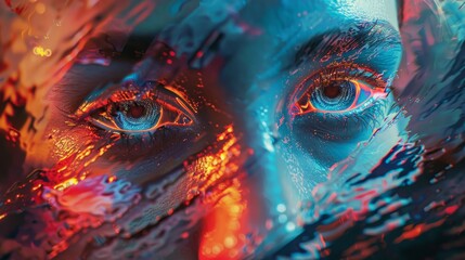 A person's eyes are shown in a distorted, colorful way. The eyes are surrounded by a blurry, watery background. Scene is dreamy and surreal