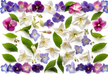Group of fresh wet jasmine lily hollyhocks pansy periwinkle and lavender flowers