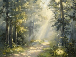 A tranquil dawn in the misty forest, where sunlight weaves through oil-painted trees in a breathtaking dance of colors.