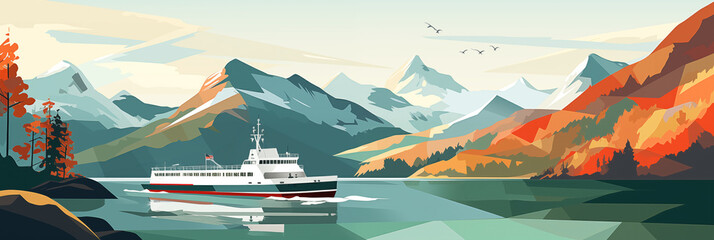 Autumnal fjord cruise, ferry amidst colorful mountain landscapes illustration - 780046564