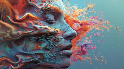 A woman's face is painted with bright colors and is surrounded by a lot of paint. The painting is abstract and has a lot of texture. The colors are vibrant and the brushstrokes are visible - obrazy, fototapety, plakaty
