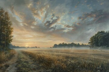 The tranquil countryside at dawn, veiled in fog, captured beautifully with oil paints on canvas. - obrazy, fototapety, plakaty